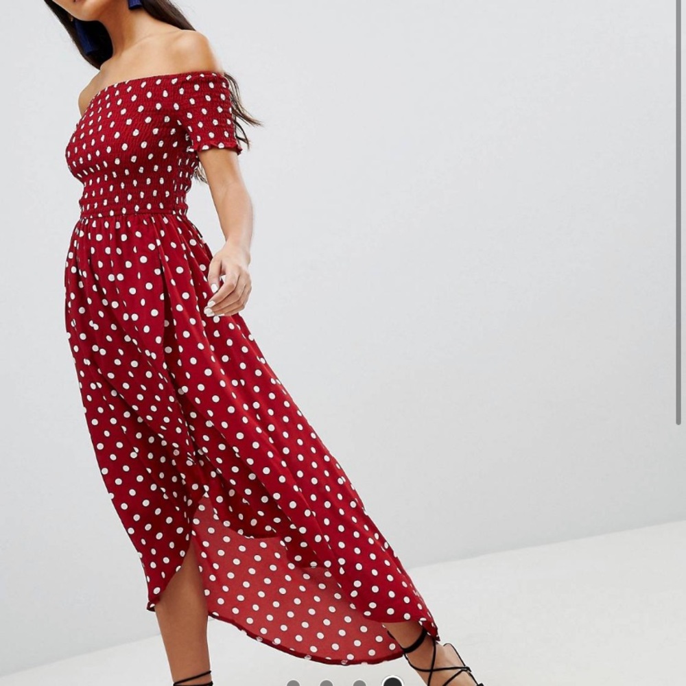 Polka dot off-shoulder midi dress